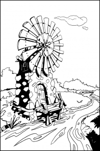 Ausmalbild Windmühle am Wasser